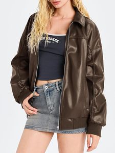 Chaqueta Bomber de Cuero PU para Mujer, Manga Larga, Cuello Camisero, Cierre de Cremallera, Estilo Otoñal, Color Sólido, Material Tejido - Product Image 2