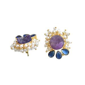 Aros de Latón al por Mayor, Pendientes de Botón Naturales con Piedras Semipreciosas Naturales, Acabado de Latón Antiguo, Estilo Moderno, Alta Calidad - Product Image 2