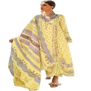 Los mejores trajes de un solo pecho para mujer, nuevo estilo bordado, césped, Parte delantera trasera, tejido, Organza Dupatta, botón de cristal, pantalones de vestir de encaje - Product Image 1