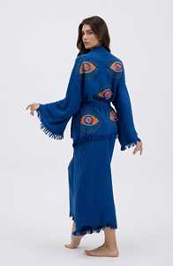 Kimono de Lujo 100% Algodón, Manga Larga, Hermoso Bordado a Mano, Azul Sólido, Abierto por Delante, Talla Grande, Bata de Playa, Modelo a Pedir - Product Image 2