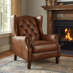 Sillón Clásico de Cuero Marrón con Respaldo Acolchado y Tapizado con Botones, Sillón de Lujo con Detalles de Tachuelas para Sala de Estar - Product Image 4