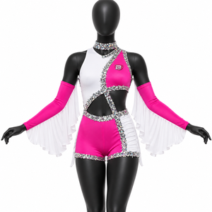 Custom <b>Women</b>’s Rhinestone Dance Costume Pink White One-Piece Performance <b>Romper</b> with Chiffon Wings OEM Manufacturer - Product Image 1