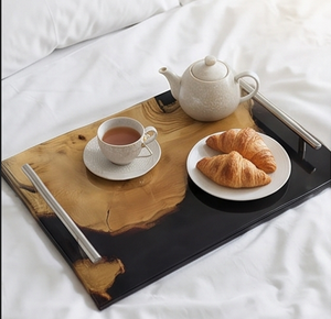 Elegant <b>Black</b> And Gold Wooden Resin Serving <b>Tray</b> With Lacquered Finish Perfect For Modern Dining Home Kitchen And Stylish Gift - Product Image 1
