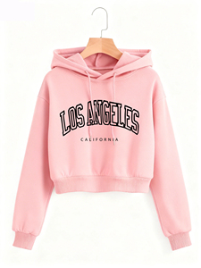 Sudadera Corta Rosa para Mujer, con Estampado de Los Ángeles, California, Mezcla de Algodón, Tejido de Punto, Estilo Casual Otoñal, Manga Larga, Logotipo Frontal - Product Image 1