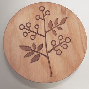 Round Wooden <b>Coaster</b> Mat with Laser Engraved Plant Design Nordic Style Non-Slip <b>Table</b> Decoration 350 mm Diameter - Product Image 1