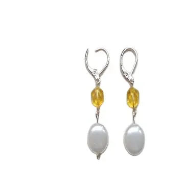 92.5 Sterling Silver Natural Yellow Citrine And Coin Pearl Beautiful Dangle Gemstone Earrings Women Cute Gift Wholesale