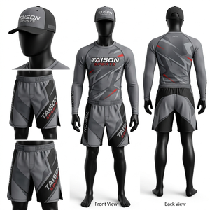 Rashguard et short de combat BJJ en polyester et élasthanne 260 GSM de qualité supérieure, design à panneaux bleu-gris, sublimation personnalisée - Product Image 4