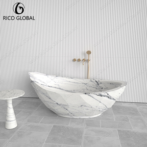 อ่างอาบน้ำแบบลอยตัวหินอ่อนคาร์ราราสีขาวหรูหรา ดีไซน์พิเศษ พร้อมพื้นผิวขัดเงาลายเส้นสีเข้ม - Product Image 3