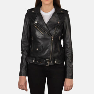 Chaqueta de Cuero Genuino Negra Premium para Mujer, Estilo Motero Clásico con Cierre Asimétrico, Chaqueta de Moto Ajustada de Piel de Oveja Suave con Cinturón - Product Image 6