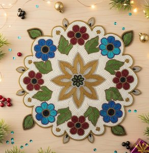 Custom Floral <b>Beaded</b> Satin Table <b>Placemat</b> Round Dining Mat Handmade Decorative Pad for Hospitality - Product Image 1