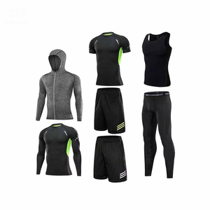 Ensemble de sport pour hommes avec logo personnalisé, 5 pièces, compression légère, séchage rapide, respirant, taille haute élastique, pour la salle de sport et le fitness - Product Image 1
