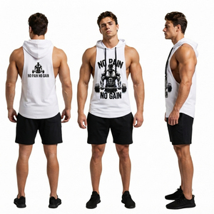 Hooded Gym Workout Tank Top Men Printed <b>Singlet</b> Hoodie Fitness Wear Knitted Tank Top 100% Cotton Polyester Hooded Vest Top - Product Image 4