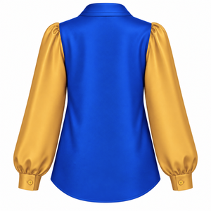 Blusa de satén de la hermandad Sigma Gamma Rho con cuello de lazo y logotipo bordado, manga abullonada, blusa azul y dorada a la moda para mujer - Product Image 3
