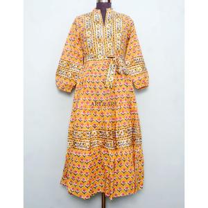 Vestido Maxi para Mujer, Cómodo, Ligero, Natural, Corte en A, Cuello en V, Manga Abullonada, Elegante, Sencillo, con Encaje Floral, Estampado Digital - Product Image 3