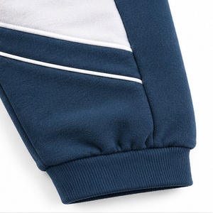 Custom Dark Blue Fleece <b>Jogger</b> Pants <b>White</b> Curved Contrast Panel Design Elastic Waist Ribbed Cuffs Wholesale OEM Clothing - Product Image 4