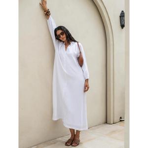 Vestido largo de lino y algodón blanco para mujer, sin mangas, con botones, cuello en V, elegante vestido largo de verano - Product Image 1