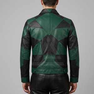 Veste Moto Homme en Cuir Véritable Color Block Respirante Écologique Style Streetwear Patchwork Col Zippé Vert – Vente en Gros - Product Image 6