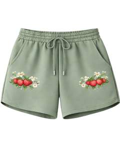 Ensemble crop top et short vert sauge pour femme, broderie fraise, tenue deux pièces en molleton de coton, vêtements de détente, fabricant en gros - Product Image 4