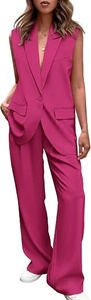 Women's Sleeveless <b>Blazer</b> <b>Set</b> Loose Fit Wide Leg Pants Two Piece Suit Solid Color Casual Spring Summer Pink Woven Fabric - Product Image 3