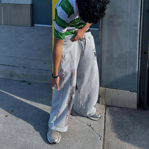 Pantalon Street Guard Y2K taille haute, imprimé et brodé, effet usé, coupe large décontractée, devant plat, 100% Coton, Printemps-Été - Product Image 3