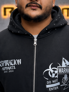 Sweat à capuche zippé noir surdimensionné en polaire pour homme Rexfit Sports, style streetwear, avec imprimé frontal et détails en strass - Product Image 4