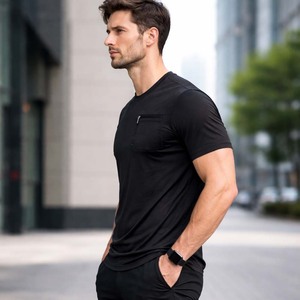 T-shirts tactiques d'extérieur pour hommes, personnalisables, respirants, noirs, à col rond, avec poche zippée, utilitaires, vente en gros - Product Image 5