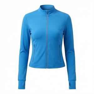 Blue Full Sleeve Zipper Front <b>Yoga</b> <b>Jacket</b> Solid Color Breathable Spandex Polyester Women's Sportswear - Product Image 1