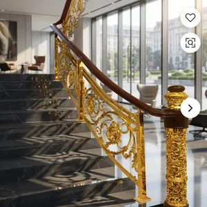 Rampe d'escalier en fer forgé doré de luxe avec design floral orné et main courante en bois pour villa, manoir et intérieur d'hôtel - Product Image 5