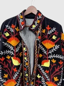 Hand Embroidered Floral Velvet Quilted Jacket Full Sleeve Mandarin Collar Plus Size Adult Cotton Lining Bohemian Spring Wear - Product Image 2