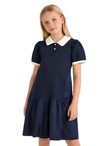 New Girls' 100% Cotton Woven Loose Mid-Length High School Uniform Dress Blue White Color Block Polo Collar Design Perfect - Product Image 3
