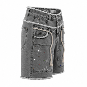 Pantalones Cortos de Mezclilla Personalizados 2026 para Hombre, Estilo Y2K, con Pedrería, Dobladillo Deshilachado, Ajuste Holgado, Moda Urbana de Verano - Product Image 3