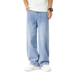 Jean en denim coupe droite style rétro vintage bleu glace effet moustaches 100% coton écologique respirant léger streetwear taille 28 42 - Product Image 1