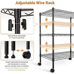 Étagère de rangement à 3 niveaux en fil métallique sur roulettes, organisateur en acier réglable pour four à micro-ondes, noir - Product Image 3
