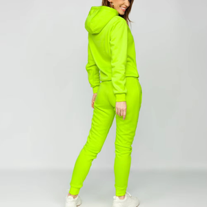 Conjunto Deportivo para Mujer, Color Verde Neón, con Capucha, Manga Larga, Diseño Sólido, Sudadera y Pantalones Casuales con Bolsillos Laterales - Product Image 4