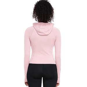 Pink Full Sleeve Stand Neck <b>Zipper</b> Front Crop <b>Top</b> High Waist Leggings Yoga Set Seamless Breathable Solid Color - Product Image 5
