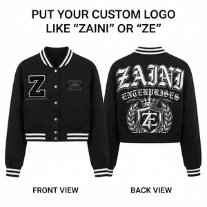 Veste courte pour femme, style varsity, en polyester twill premium 450 GSM, noir et blanc, bordure côtelée, logo personnalisé imprimé, style streetwear - Product Image 1