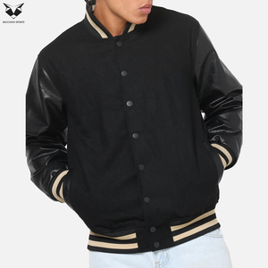 Autumn Unisex Varsity Bomber Jackets, Solid Black Color Good Selling Highest Quality Best Seller Men Outer Wear Varsity Jackets - Product Image 4