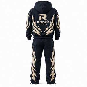 Conjunto de Sudadera con Capucha y Pantalones para Hombre, Estampado de Llamas, Cierre Completo, Ligero, Corte Holgado, Lavado Ácido, Estilo Deportivo de Invierno, Algodón, Superventas - Product Image 2