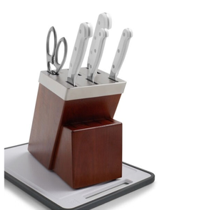 Ensemble de couteaux de cuisine à manche blanc avec lames argentées, bloc de rangement marron, ciseaux et planche à découper blanche pour la préparation et la découpe des aliments - Product Image 5
