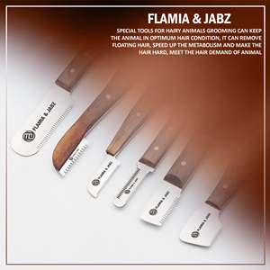FLAMIA & JABZ ชุดหวีสแตนเลสสำหรับสุนัข 6 ชิ้น พร้อมด้ามไม้ ชุดมีดตัดขนสำหรับสัตว์เลี้ยง สำหรับการหวีและจัดแต่งทรงผม ทำจากไม้โรสวูด - Product Image 2