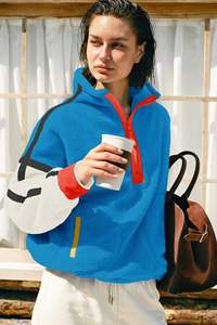 Sweat-shirt à capuche oversize pour femme, bleu, avec empiècements contrastants, demi-zip, en polaire, manches longues, style streetwear décontracté, coupe ample - Product Image 2