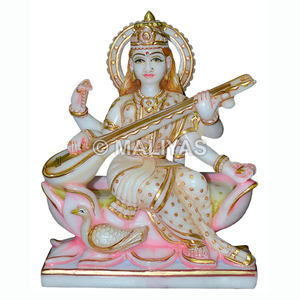 Estatua de mármol de Saraswati Mata |   Murti de Saraswati de Mármol Hecho a Mano para el Hogar y el Templo – Maliyas - Product Image 1