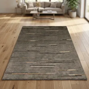 Tapis rectangulaire moderne à rayures, tufté, avec envers antidérapant en caoutchouc, pour salon, motif gris, noir et blanc, en laine et acrylique, à poils moyens - Product Image 5