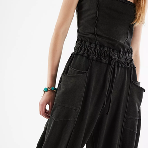 <b>Women</b> Strapless Mid Waist Sleeveless Jumpsuit Pockets Loose Black Full Length Solid Color Cotton Casual One Piece Wide Leg Pants - Product Image 4