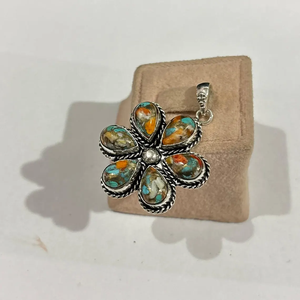 Collier Pendentif Fleur en Turquoise d'Huître Épineuse en Argent Sterling 925, Bijou Bohème du Sud-Ouest pour Femme - Product Image 3