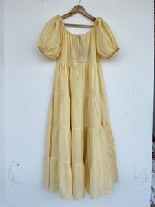 Vestido Maxi de Algodón 100% para Mujer, Color Amarillo Pálido, Manga Corta, Estampado Floral, Silueta en A, con Ribete de Encaje, Lavable, para Verano y Vacaciones - Product Image 4
