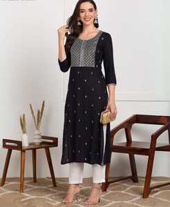 Kurti Morado de Rayón con Cuello Bordado, Corte Holgado, Largo hasta el Tobillo, Estilo Tradicional Indio-Pakistaní, Ropa Casual para Mujer, Kurtis Sencillos - Product Image 2