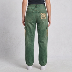 Women's <b>High</b> <b>Waist</b> <b>Cargo</b> Jeans Green Denim Loose Fit Vintage Utility Style Full Length Stonewashed With Letter Pockets - Product Image 3