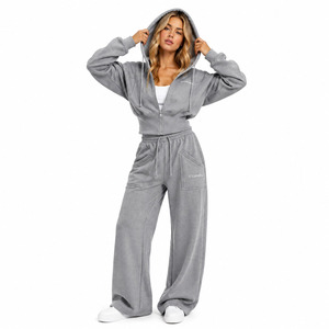 Brand Customization Grey Panel Cropped <b>Zip</b> <b>Hoodies</b> Full Zipper Women's Tracksuit Heavy Fleece Utility <b>Pocket</b> Wide Jogging Outfit - Product Image 1
