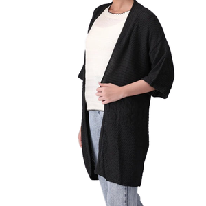 Cardigan noir tricoté pour femme, tendance, manches longues dolman, col rond, couleur unie, décontracté, maille ouverte, toutes saisons - Product Image 2